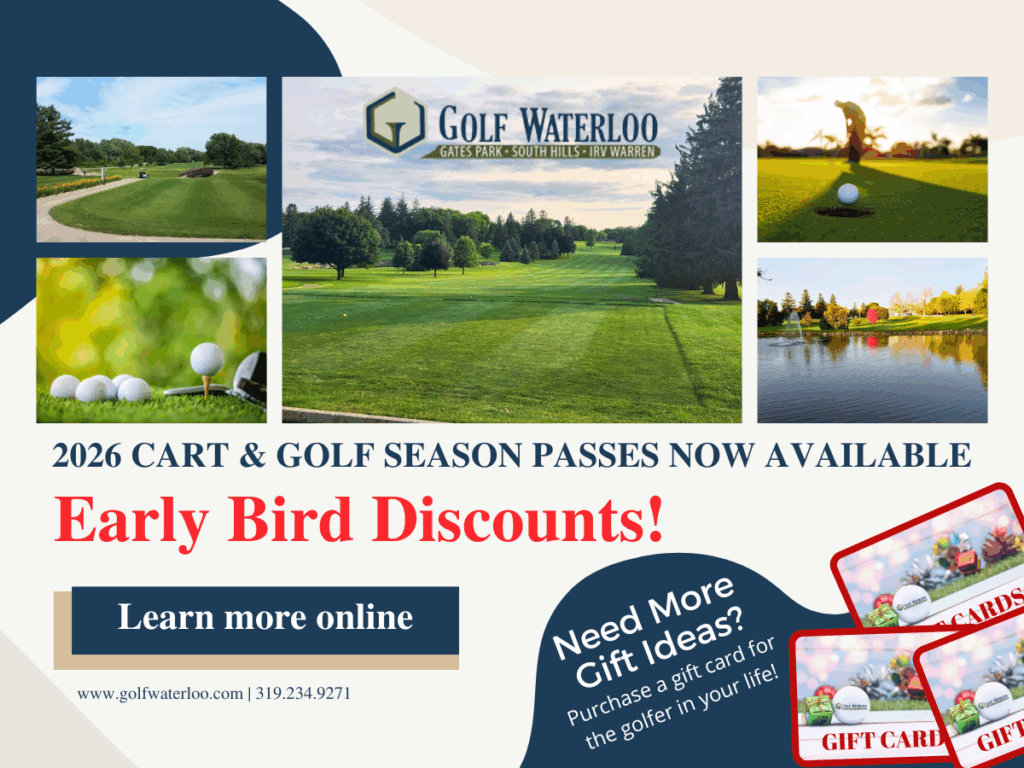 2026 Cart & Golf Season Passes Now Available with pictures of the golf courses while mentioning gift cards available and how to purchase