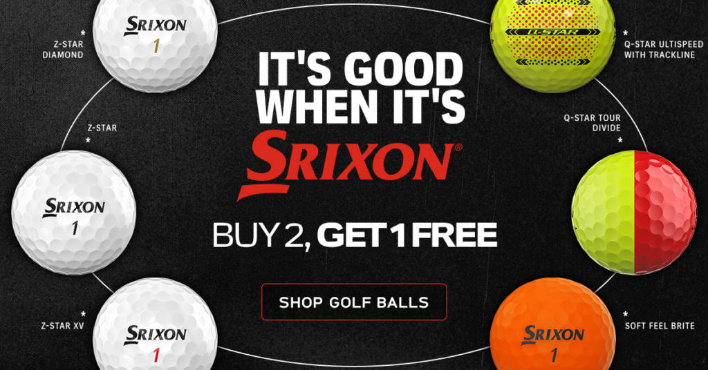 A promotional digital graphic on a dark grey, textured background featuring the headline "IT'S GOOD WHEN IT'S SRIXON" in white and red text, followed by "BUY 2, GET 1 FREE" in large white text. Centered below the text is a black button with a red border that reads "SHOP GOLF BALLS". Surrounding the text are six different Srixon golf balls arranged in a circle, each connected to its respective product name labeled with an asterisk: Z-STAR DIAMOND (white), Z-STAR (white), Z-STAR XV (white), Q-STAR ULTISPEED WITH TRACKLINE (bright yellow with black alignment markings), Q-STAR TOUR DIVIDE (half yellow and half red), and SOFT FEEL BRITE (matte orange).