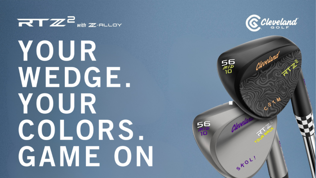 Promotional banner for Cleveland Golf RTZ2 wedges with Z-ALLOY featuring the bold title "YOUR WEDGE. YOUR COLORS. GAME ON." The graphic showcases two customized RTZ2 wedge heads: a Black Satin finish with orange branding, custom topographic skin patterning, lime green loft marking, and a checkered ferrule; and a Tour Rack finish with purple branding and stamped custom text reading "SKOL!"