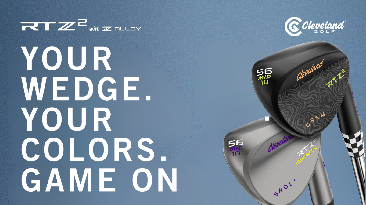 Promotional banner for Cleveland Golf RTZ2 wedges with Z-ALLOY featuring the bold title "YOUR WEDGE. YOUR COLORS. GAME ON." The graphic showcases two customized RTZ2 wedge heads: a Black Satin finish with orange branding, custom topographic skin patterning, lime green loft marking, and a checkered ferrule; and a Tour Rack finish with purple branding and stamped custom text reading "SKOL!"