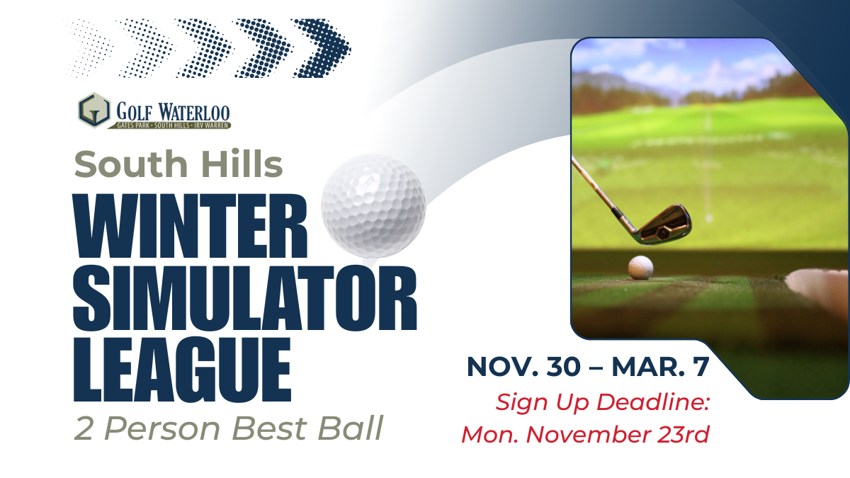 Promotional graphic for Golf Waterloo's South Hills Winter Simulator League, taking place November 30 to March 7. Format is 2 Person Best Ball. The sign-up deadline is Monday, November 23rd. Graphic features a golf ball, a golf iron addressing a ball on a tee, and the Golf Waterloo logo.